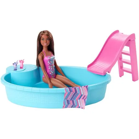 Barbie Pool Spielset mit Puppe (brünett), Anziehpuppe, Barbie Möbel, Barbie Zubehör - 0