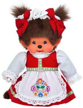 Sekiguchi 242047 - Origineel Monchhichi Beiers meisje, pluche dier met klederdrachtjurk en vlecht met strik, ca. 20 cm groot knuffeldier van bruin pluche