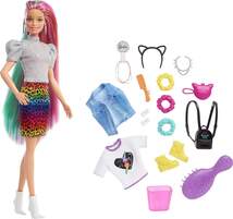 Barbie Leoparden Regenbogen-Haar Puppe mit Farbwechseleffekt, 16 Zubehörteilen - 0