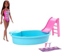 Barbie Pool Spielset mit Puppe (brünett), Anziehpuppe, Barbie Möbel, Barbie Zubehör picture
