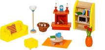Produktbild goki Puppenmöbel Wohnzimmer aus Holz und Stoff, 24 Teile